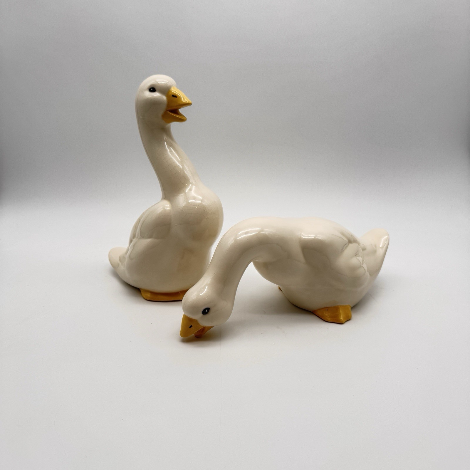 Vintage Ceramic White Duck Goose Figurine Pair Farmhouse Cottagecore 70s