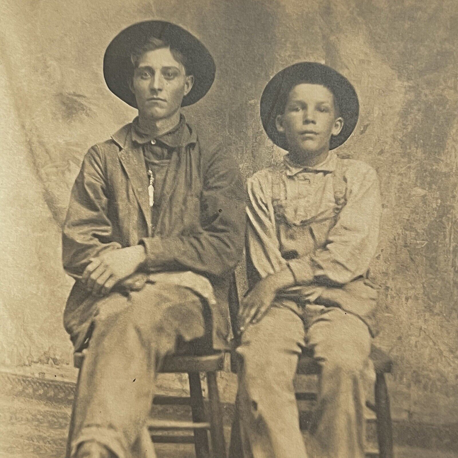 Antique RPPC Real Postcard Adorable Little Boys Brothers Cowboy Farmers Working