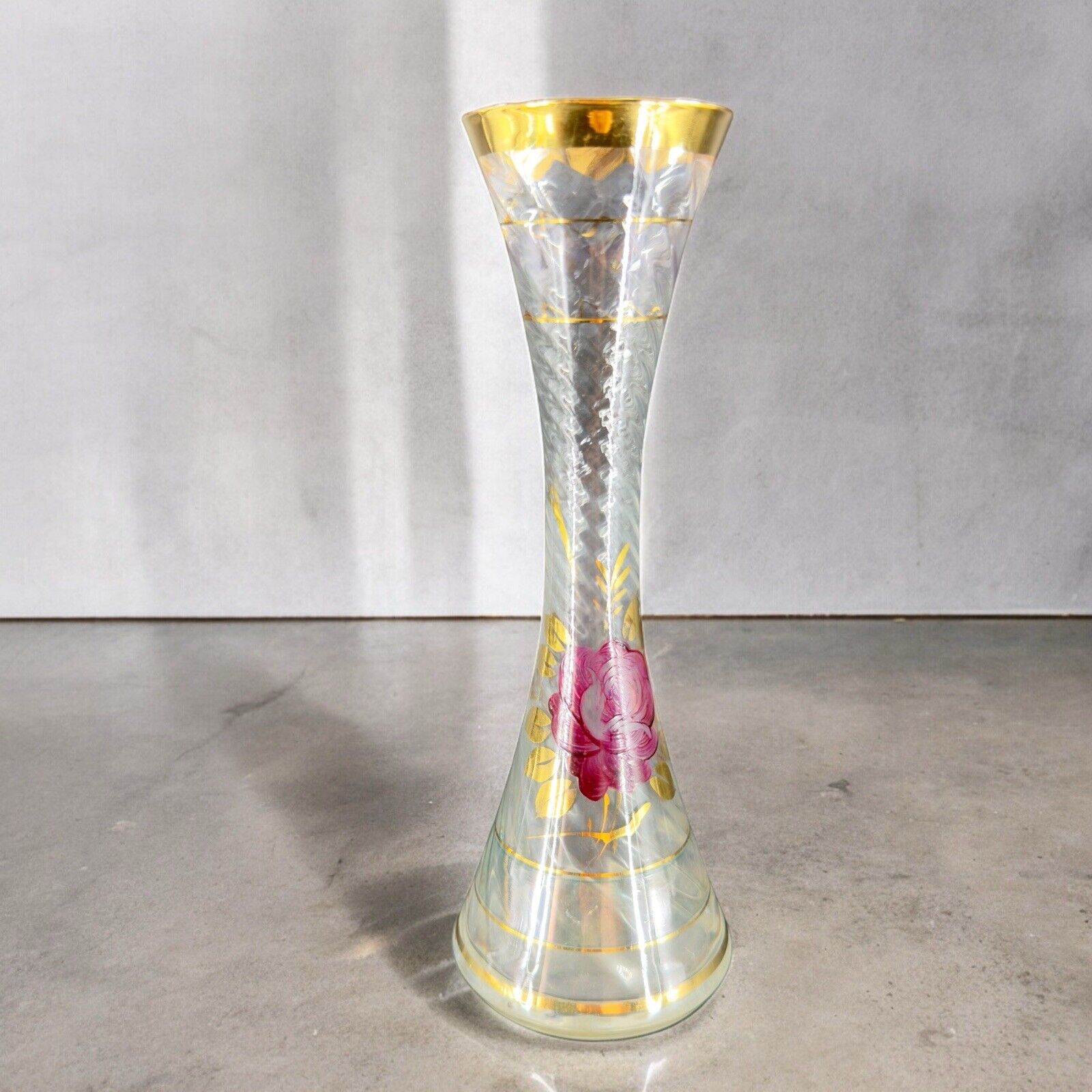 Venetian Glass Vase Hand Painted In Italy Optic Swirl Pattern Glass Bud Vase Vtg