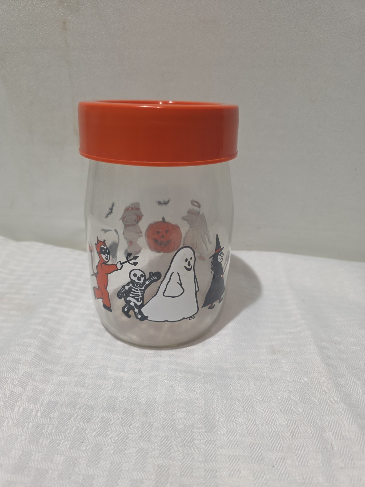 Vintage Carlton Glass 1L Halloween Jar USA Pumpkin Witch Scarecrow Bat Devil
