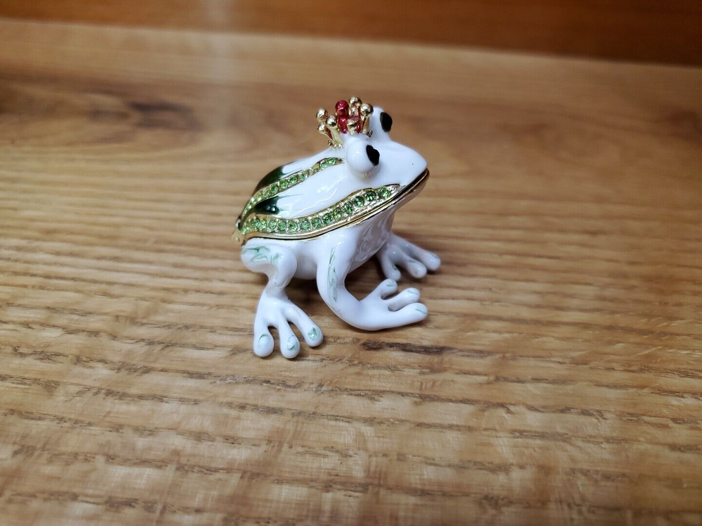Trinket Box Metal Enameled Hinged Bejeweled White Prince Frog 