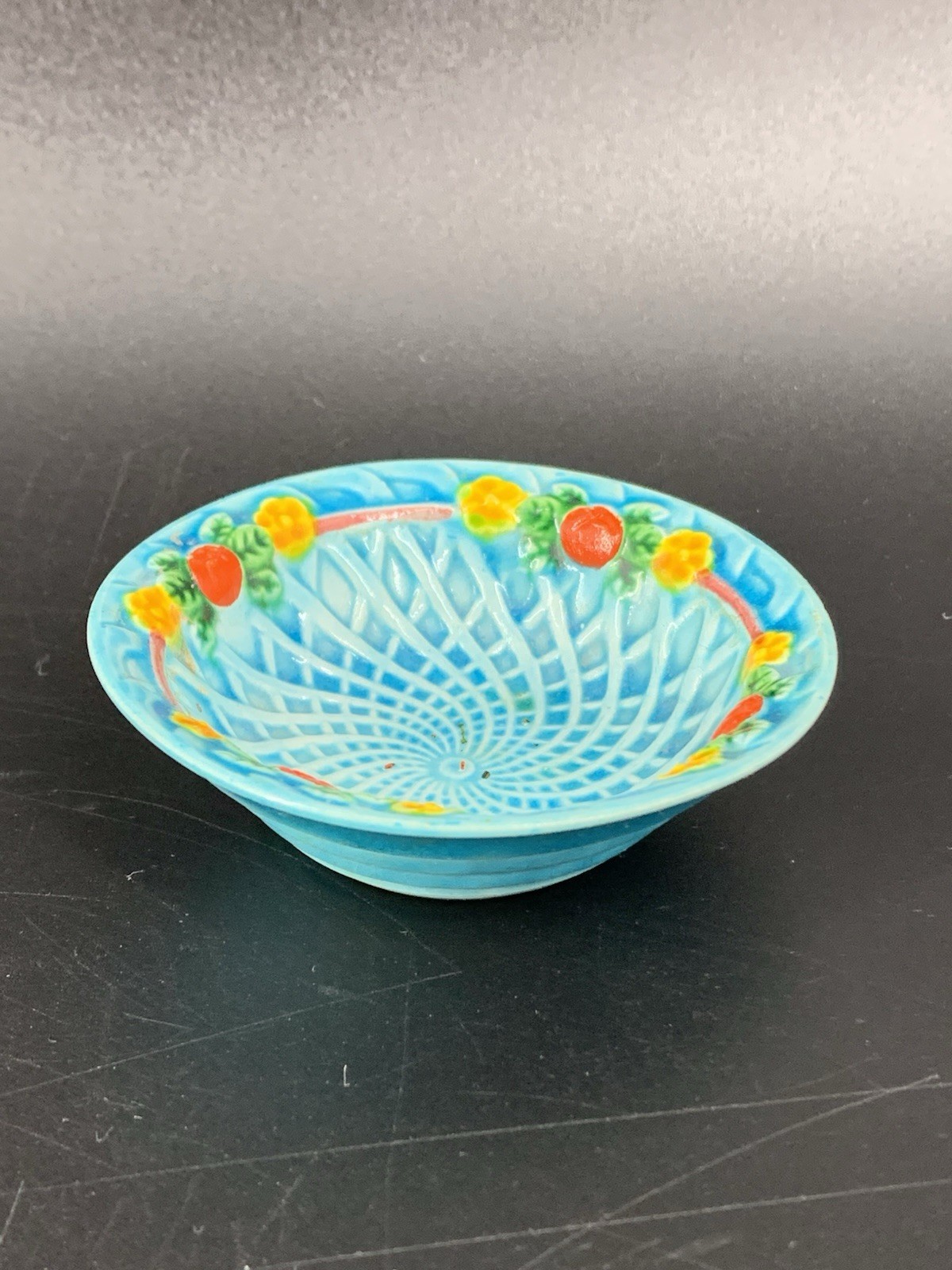 Vintage Marutomoware Blue Basket Weave w/Floral Ceramic Trinket Dish 3\
