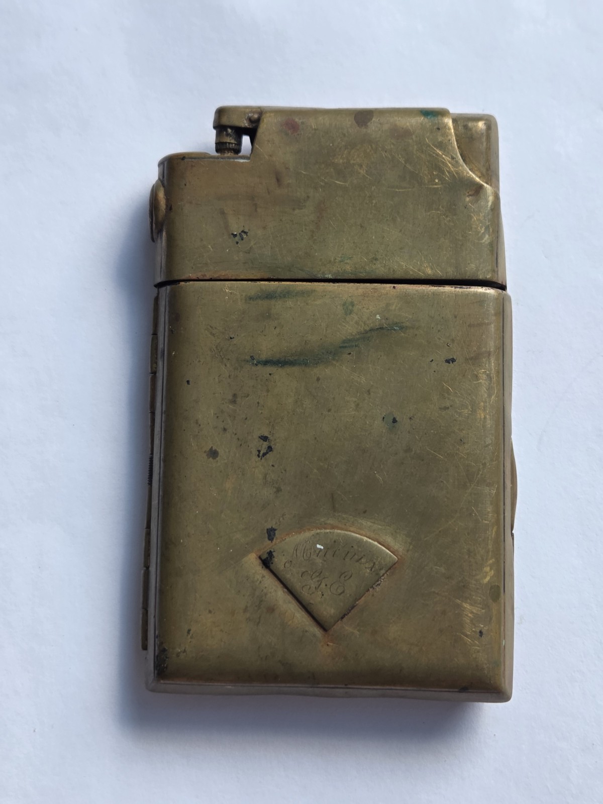 Vintage Marathon Slide-A-Lite Brass Cigarette Case Lighter Art Deco Monogram 
