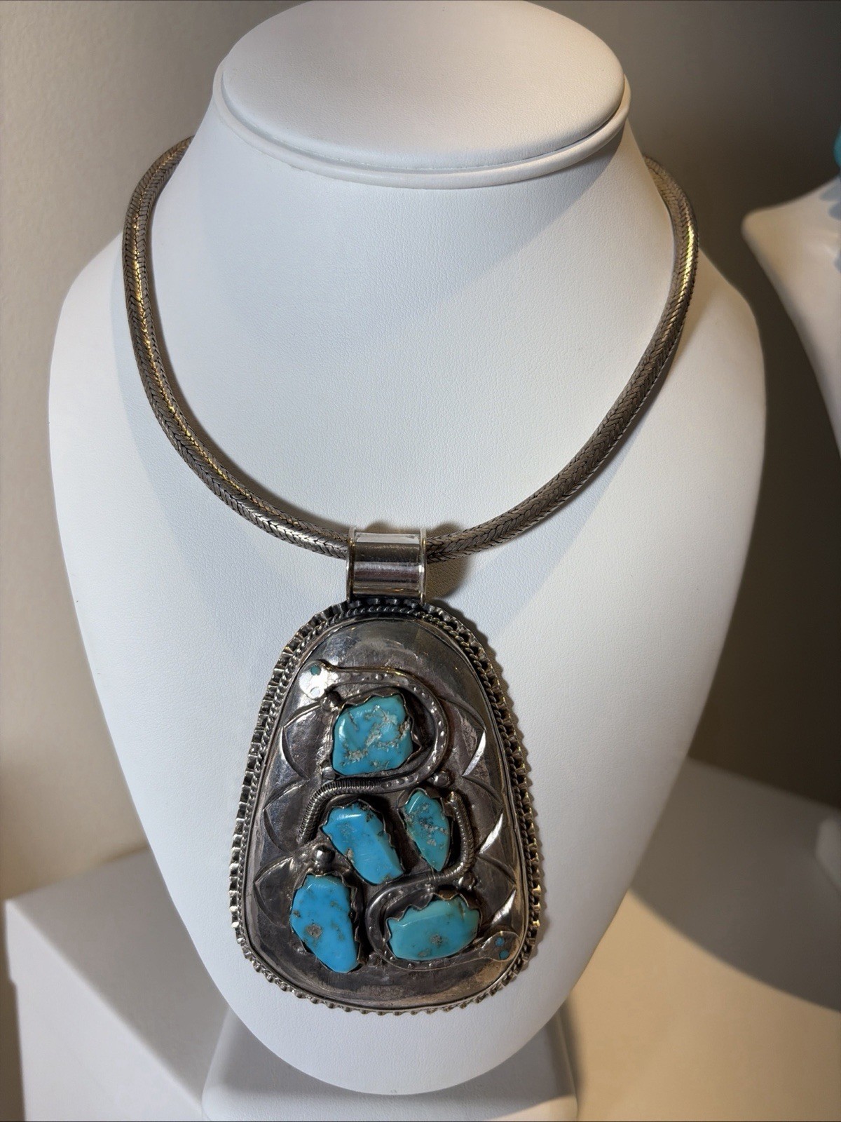 Vintage Signed Effie C. Zuni Sterling Silver 925 Turquoise Snake Pendant – 95 Gr