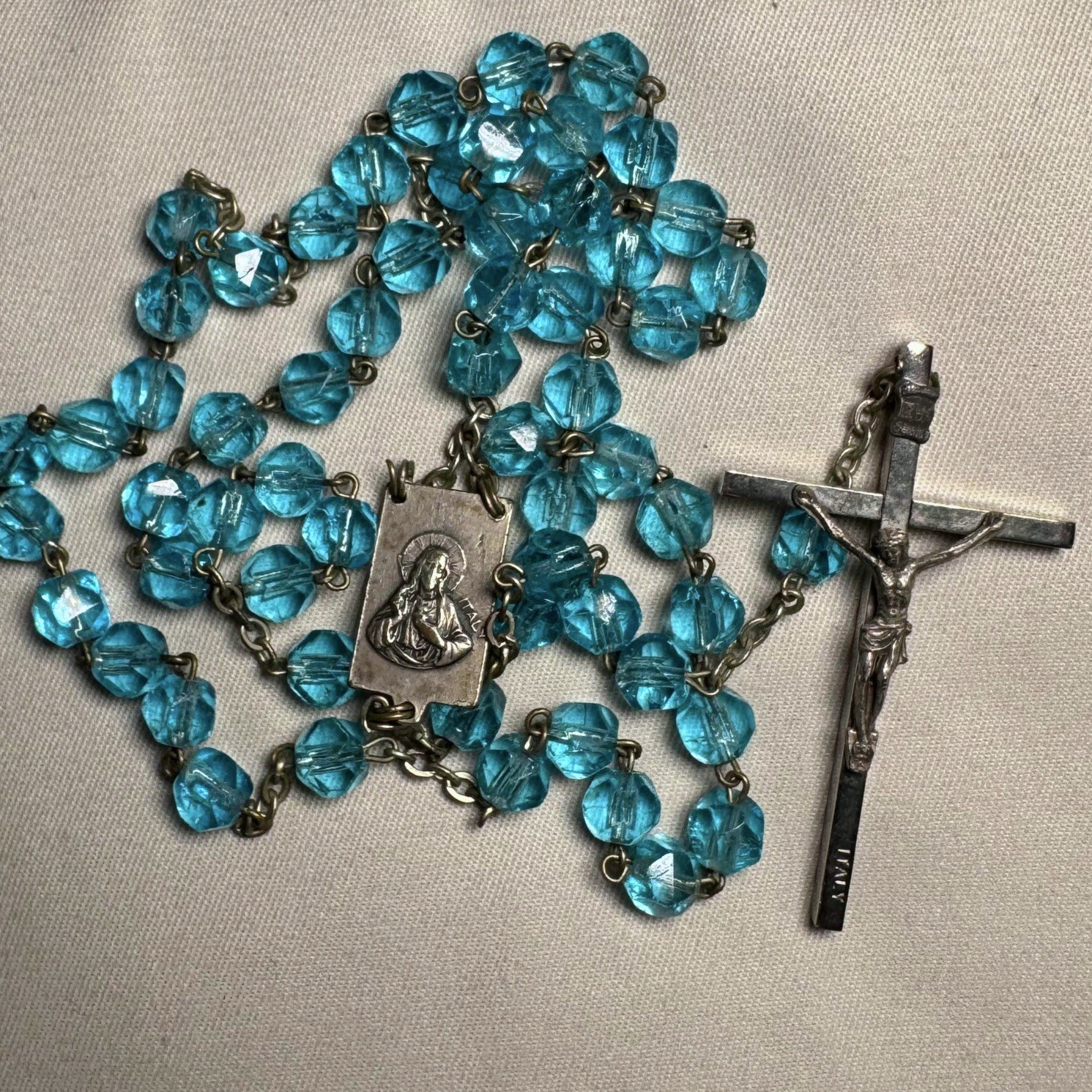 Vintage Italian Rosary Aqua Blue Faceted Beads Silver Tone Crucifix Italy