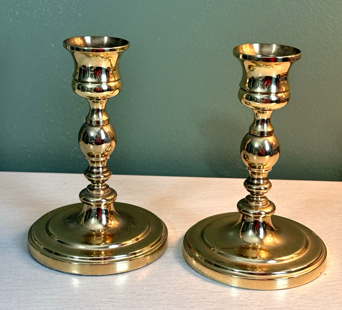 Pair of BALDWIN Polished Brass Candlesticks Holders USA Made 5\