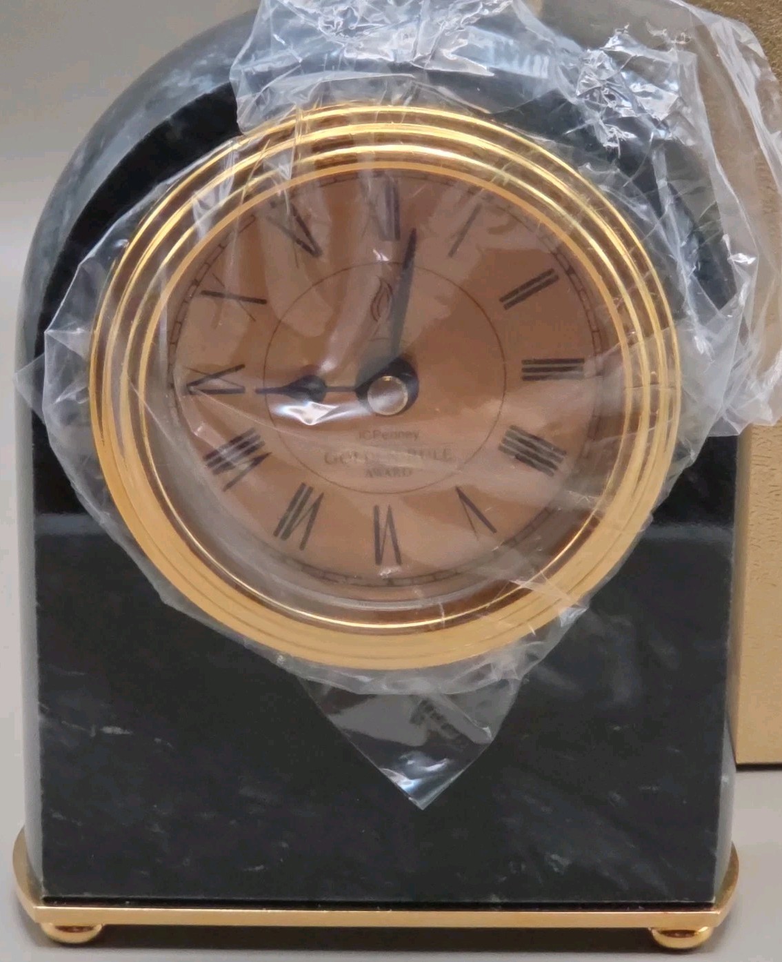 Vtg NIB JC Penney Desk Clock Golden Rule Award Black Marble Gold Tone 