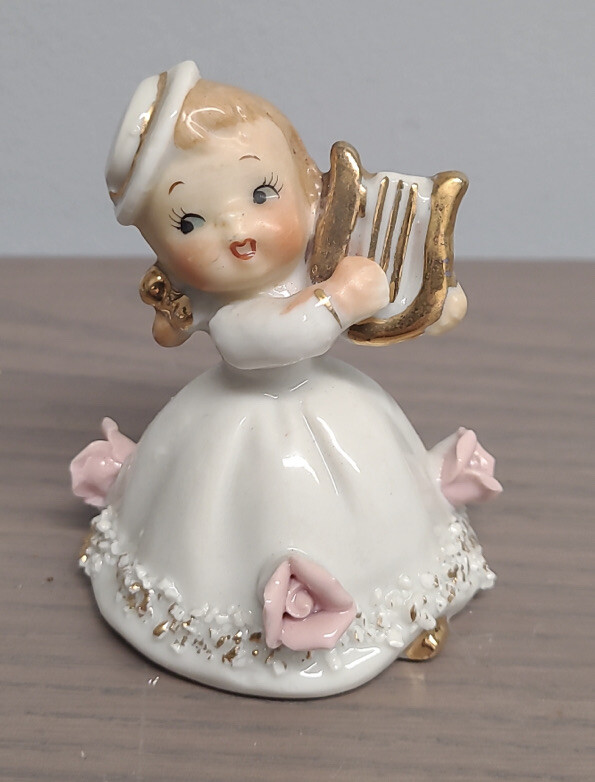 VTG Cute Porcelain Girl Bell with Harp and Spaghetti Trim Figurine Napco Lefton?