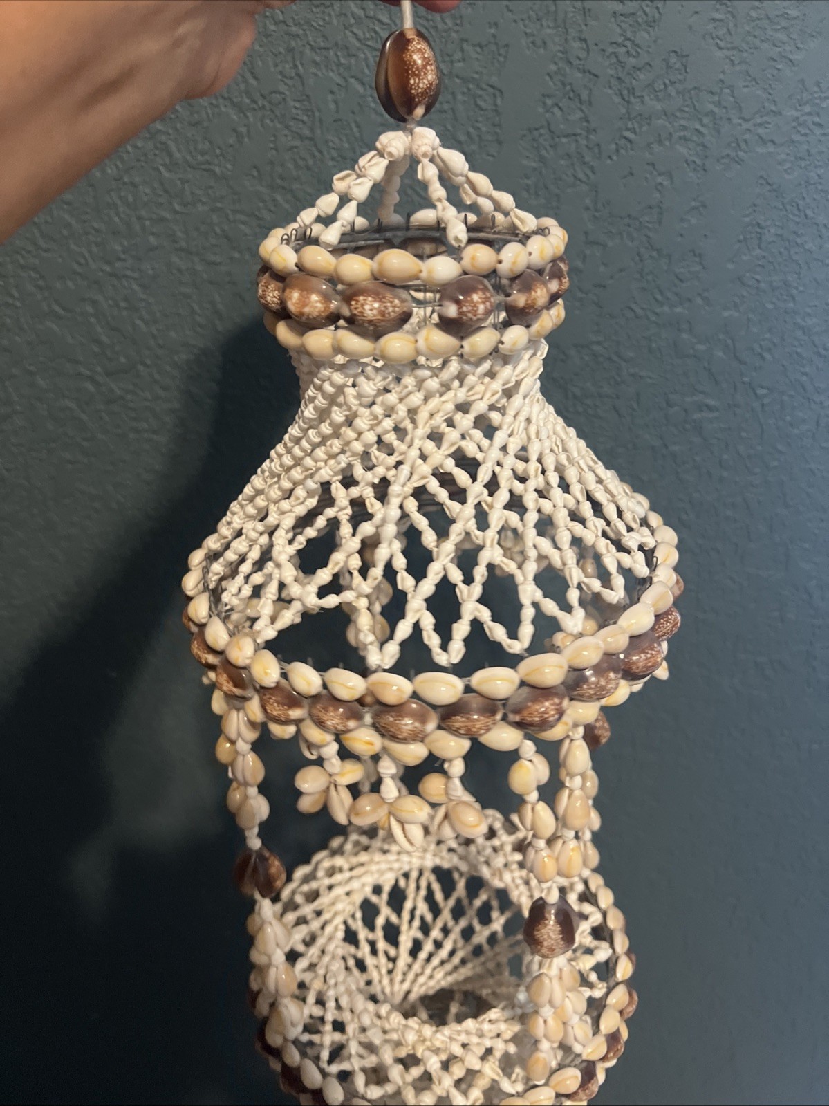 Vtg Cowrie Puka Seashell Hanging Basket Plant Holder Boho Beach Cottage 24”