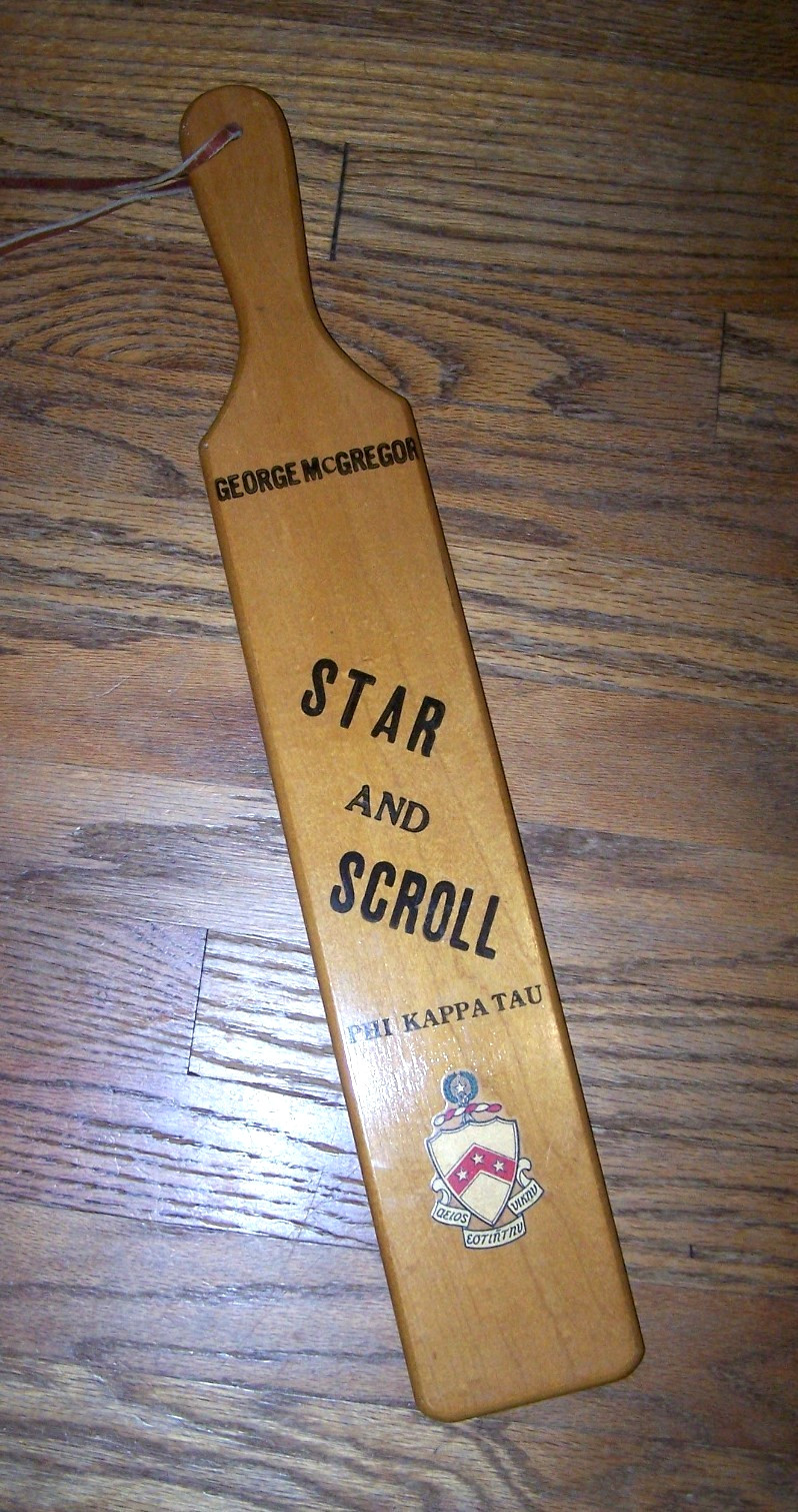 VINTAGE Phi Kappa Tau fraternity Star and Scroll wood paddle w/ signatures OLD