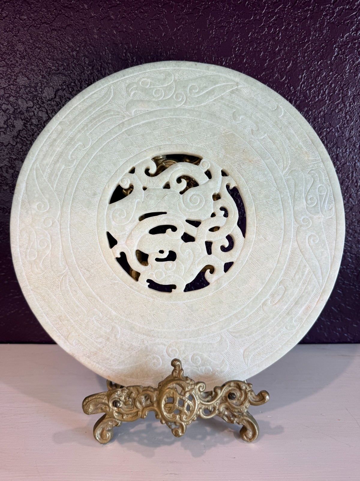 Vintage Carved Cream Stone Dragon Chinese-Inspired Bi Disc Openwork 11\