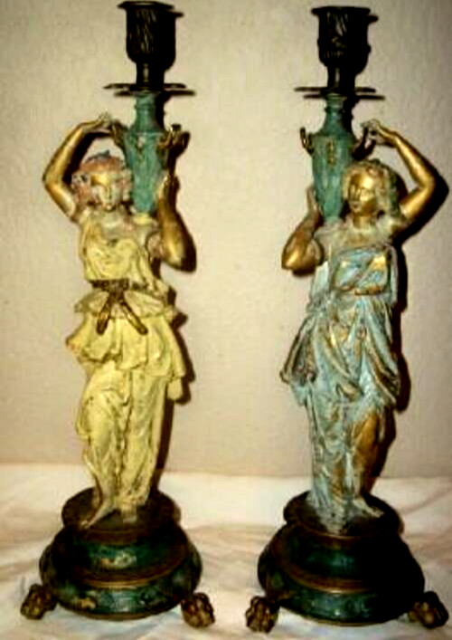 FRENCH Art Nouveau BRONZE Ladies CANDLE HOLDERS 1890s Chippy Paint 1890s ANTIQUE