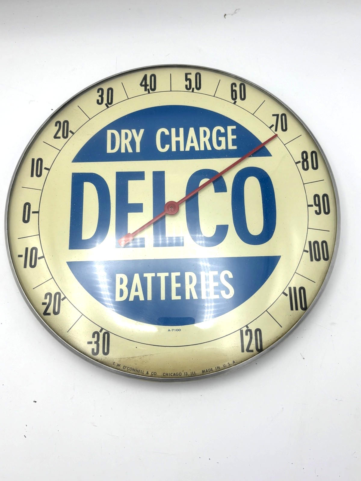 Vintage 1950s Delco Dry Charge Batteries Advertising Thermometer Sign Vintage 1950s Delco Dry Charge Batteries Advertising Thermometer Sign