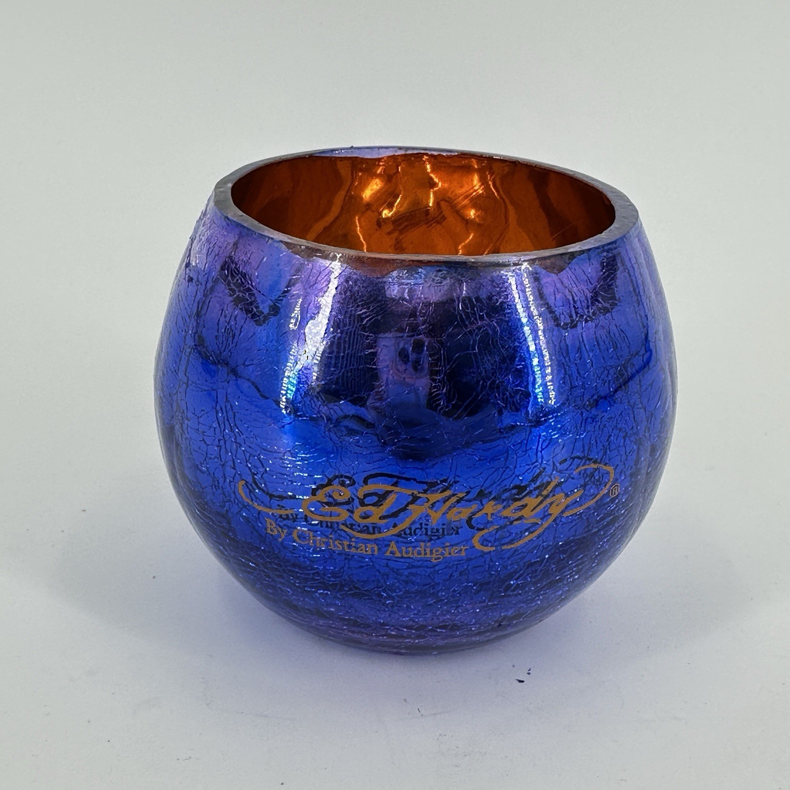 Y2K ED HARDY By Christian Audigier Candle Holder Blue Orange Crackle 4