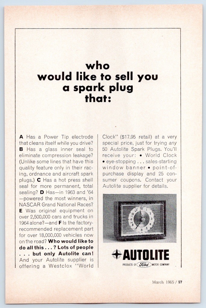 Autolite Spark Plugs Ford Motor Co Westclox World Clock NASCAR 1965 Print Ad