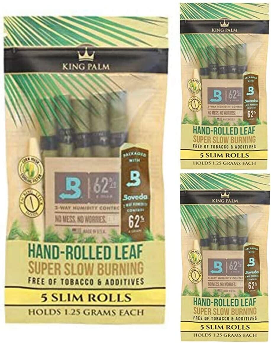 King Palm | Slim | Natural | Prerolled Palm Leafs | 3 Packs of 5 Each = 15 Rolls