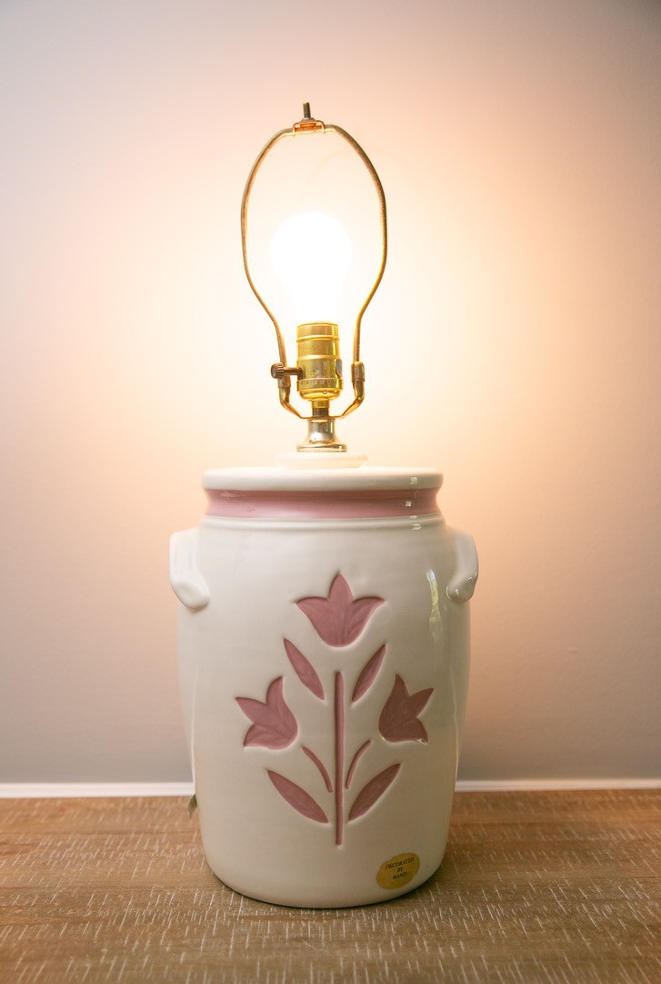 Vintage Pink Tulip Ceramic Crock Lamp Cottage Farmhouse Pottery Table Lamp