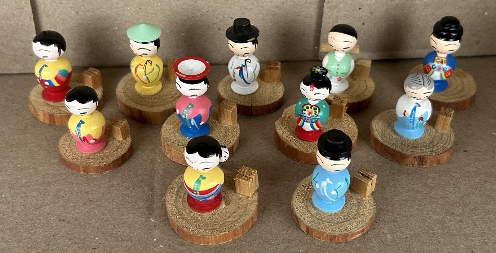 Vintage Korean Wooden Place Card Holders Hand Painted Folk Art Figurines Set 11