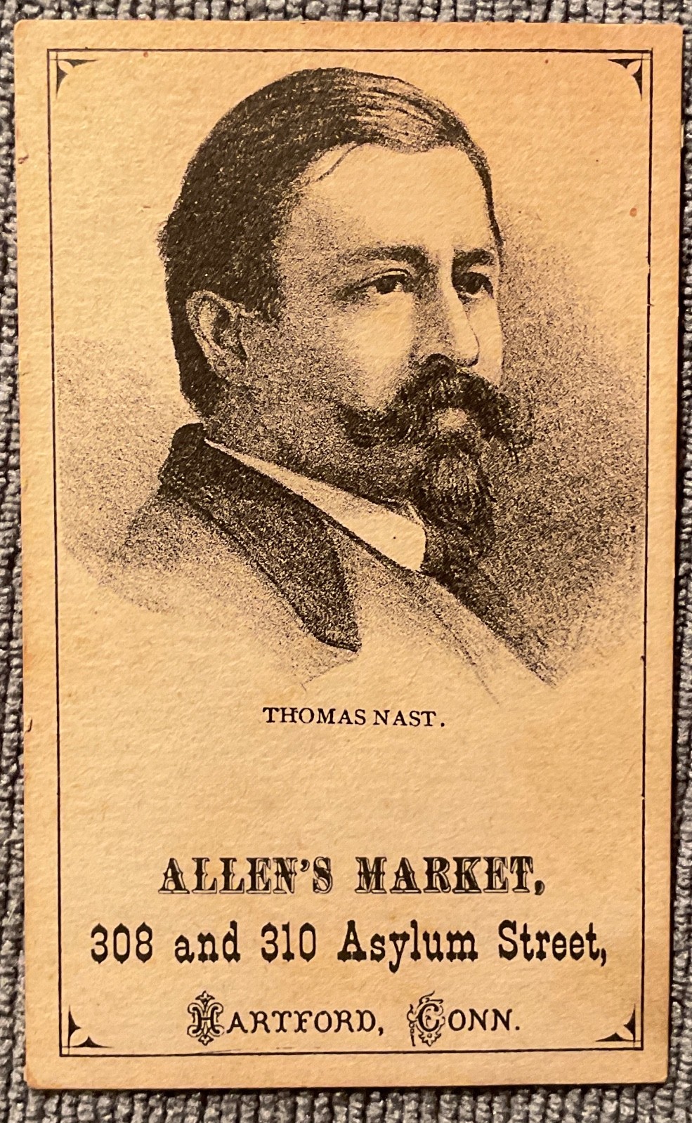 Antique Thomas Nast Advertising Trade Card – Allen’s Market Hartford CT – 19th C