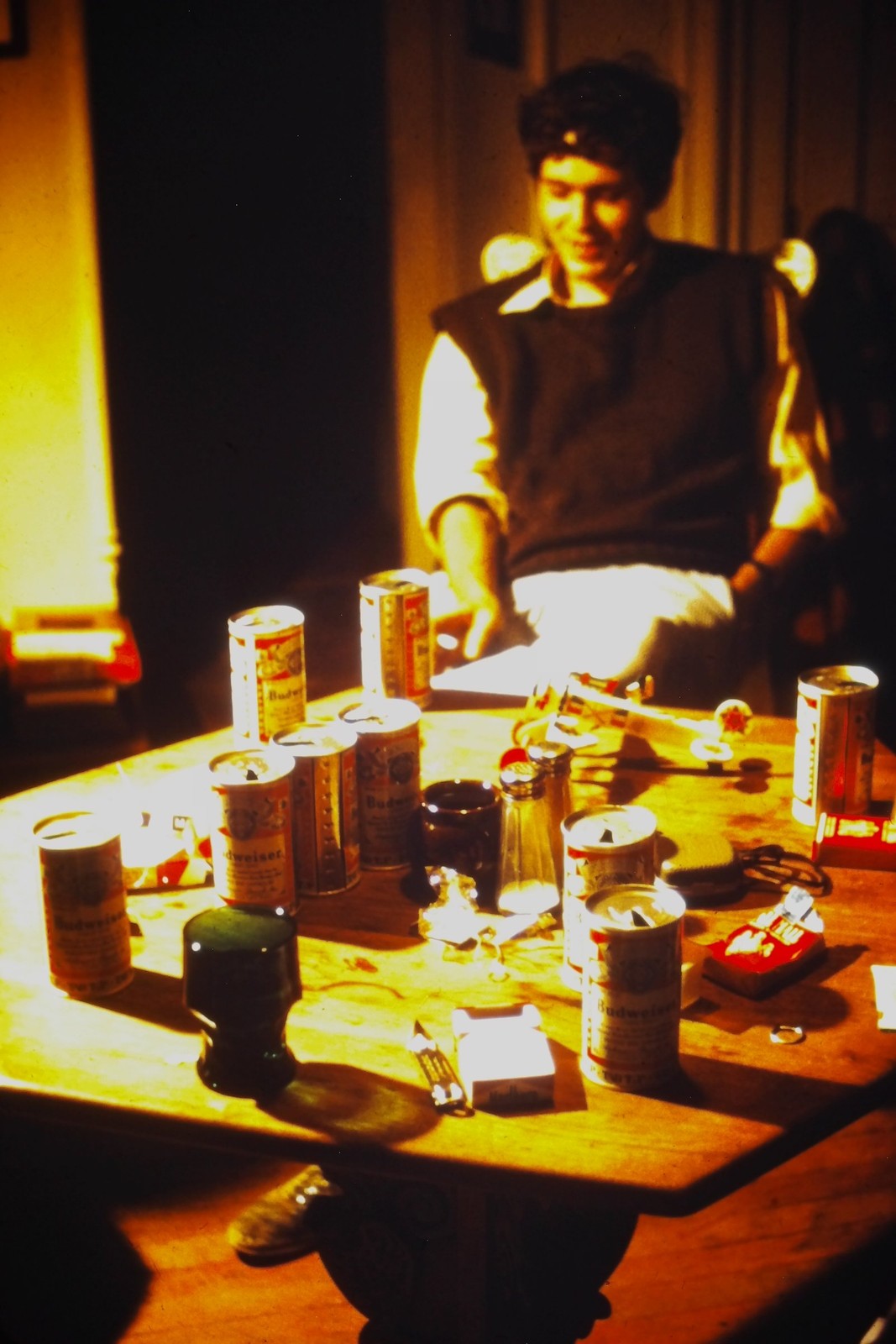 c1970\'s Kodachrome 35mm Slide Man Sitting at Table with Budweiser Beer Cans c1970\'s Kodachrome 35mm Slide Man Sitting at Table with Budweiser Beer Cans
