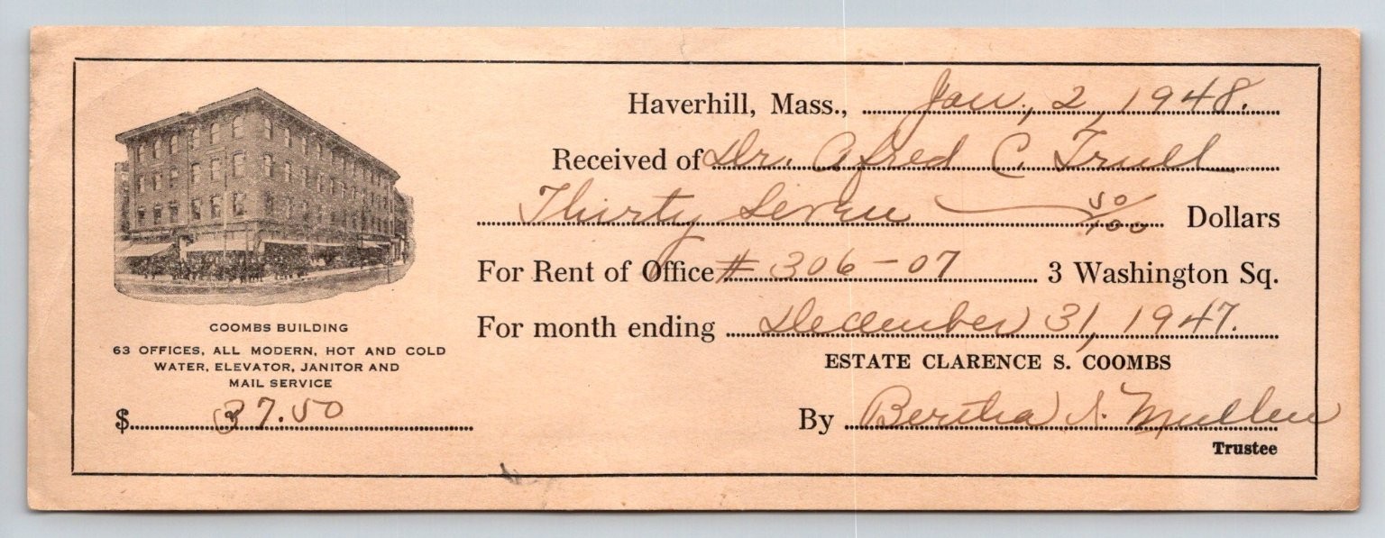 1948 Haverhill Mass Coombs Building Rent Receipt Bertha S. Mueller Estate