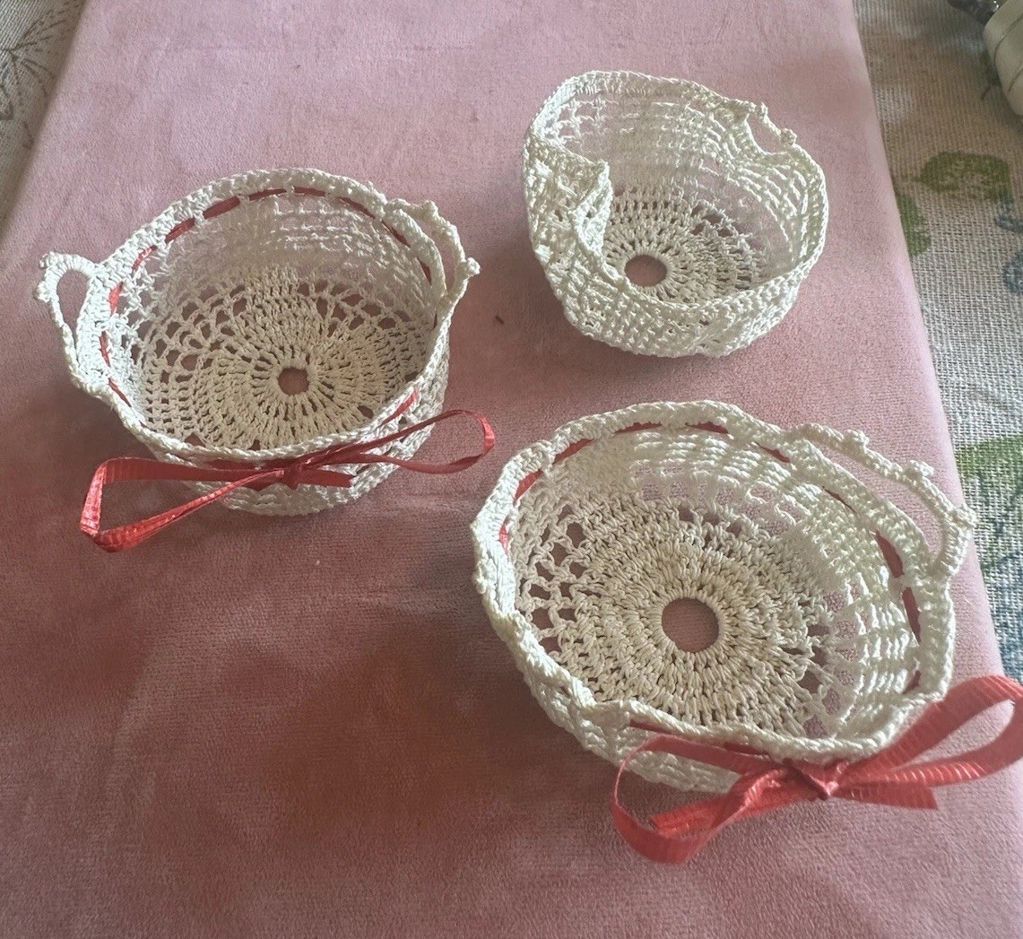 Vintage Miniature Starched Lace Crochet Baskets  - Set of 3