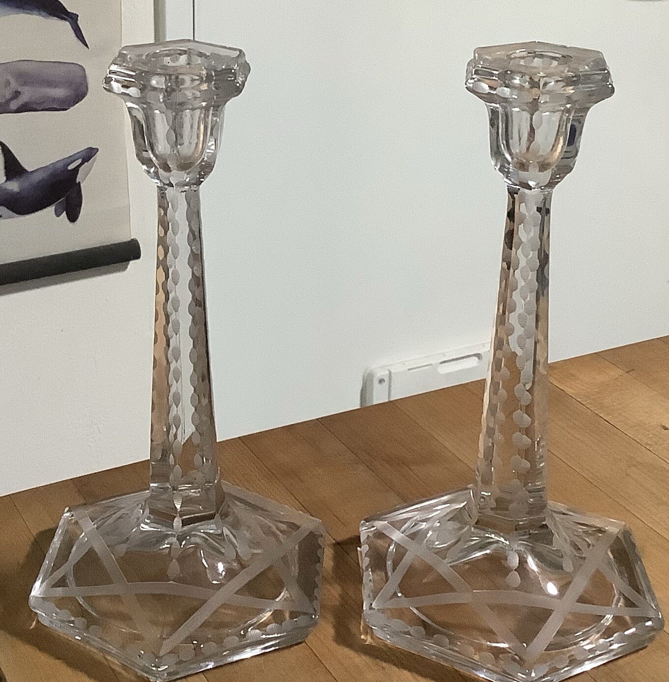 Vintage Gorgeous Set Of 2 Elegant Etched Glass Crystal 9” Candlestick Holders