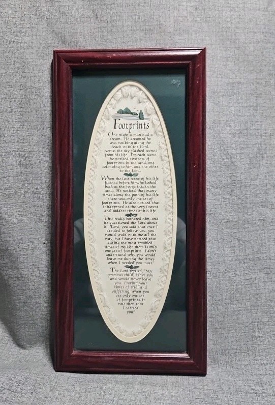 Vtge Print Footprints poem framed matted green lace accent Decor  READ 