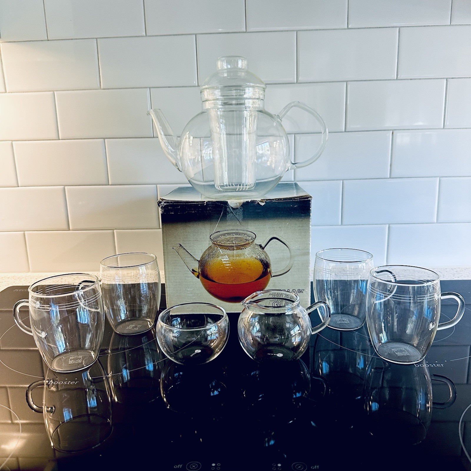 Vtg Jenaer Glas Schott Otto Clear Glass Teapot Mugs Creamer Sugar Set Germany