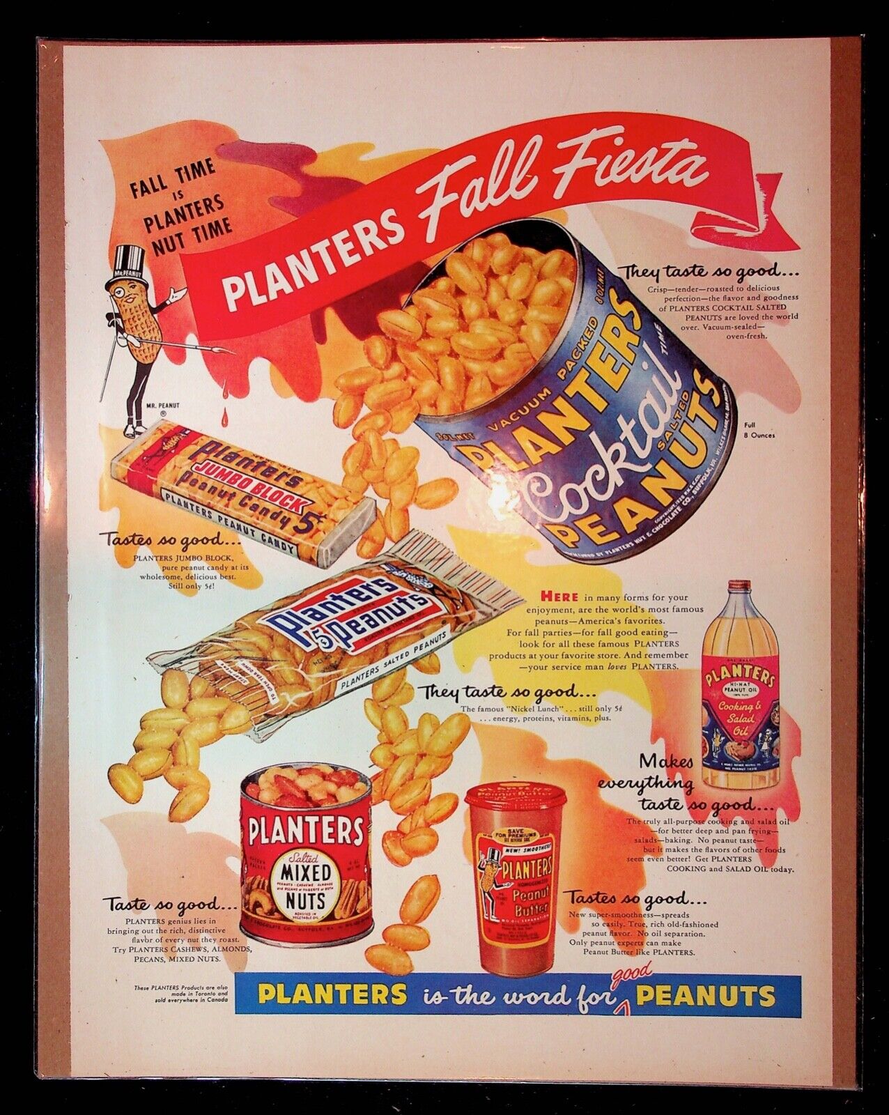 1950s Planters Peanuts, Nuts, Peanut Butter Fall Fiesta Art Vintage Print Ad