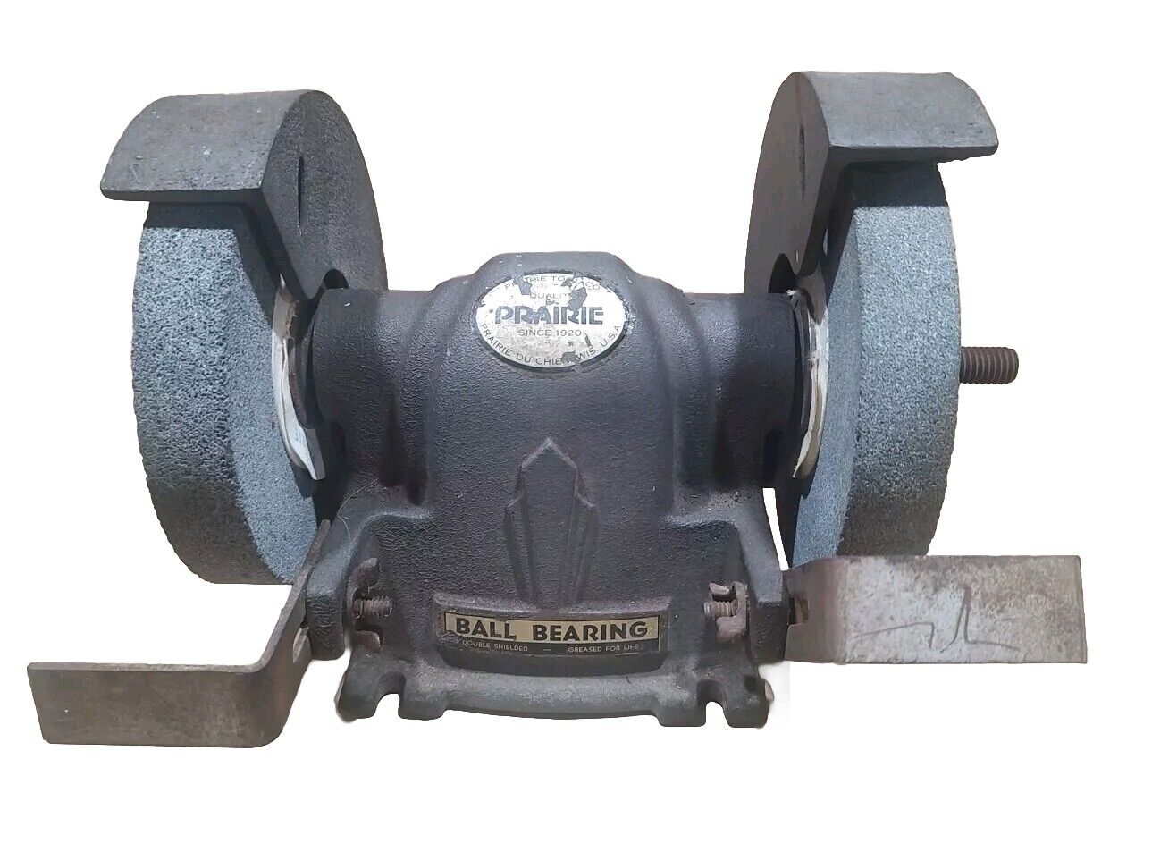 Vintage PRAIRIE Bench Grinder Belt Driven w/ Tool Rests & Stone Grinding Wheels
