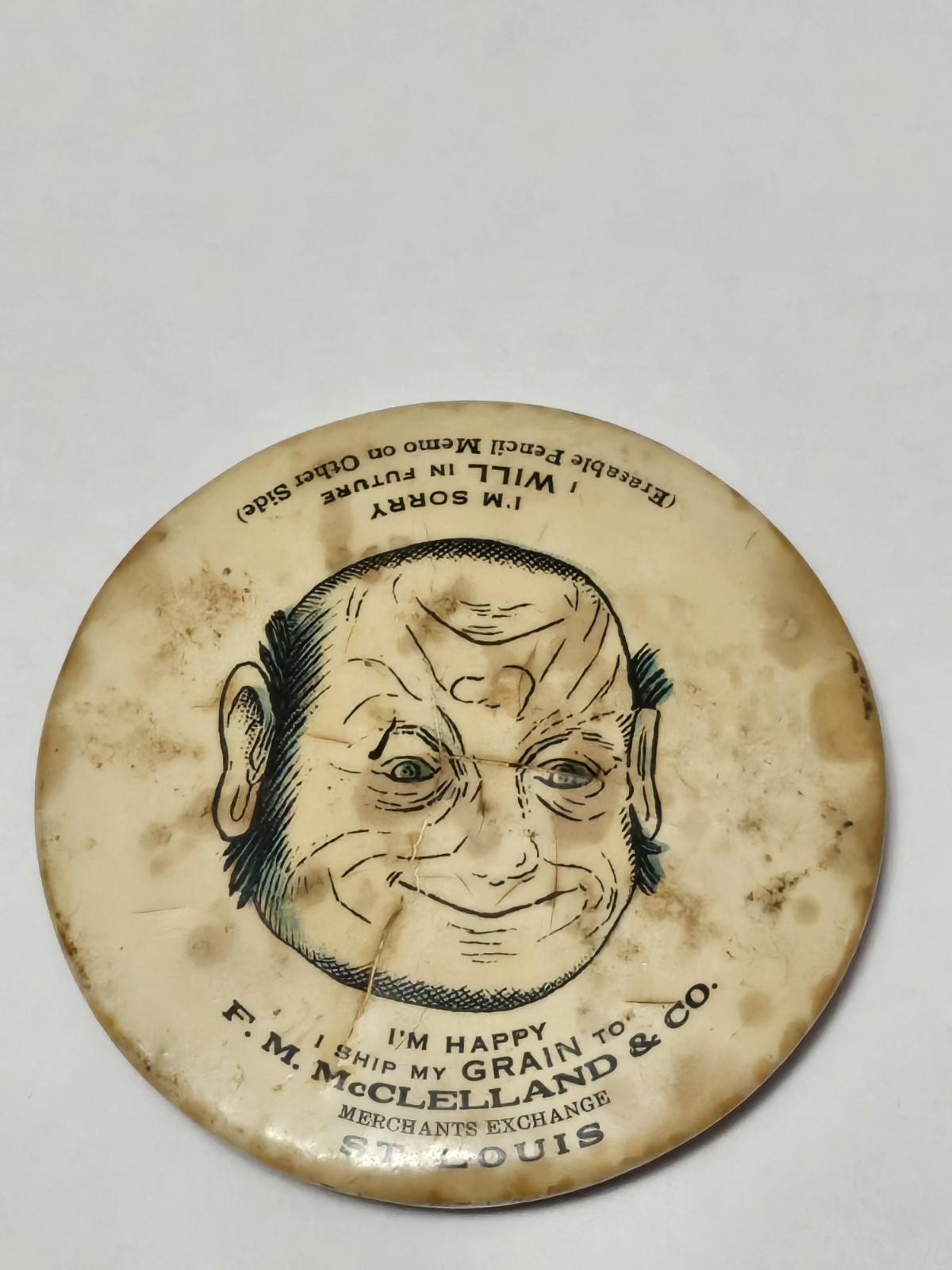 Antique Cellulid Advertising Paperweight F.M. McClelland & Co. Reversable Face