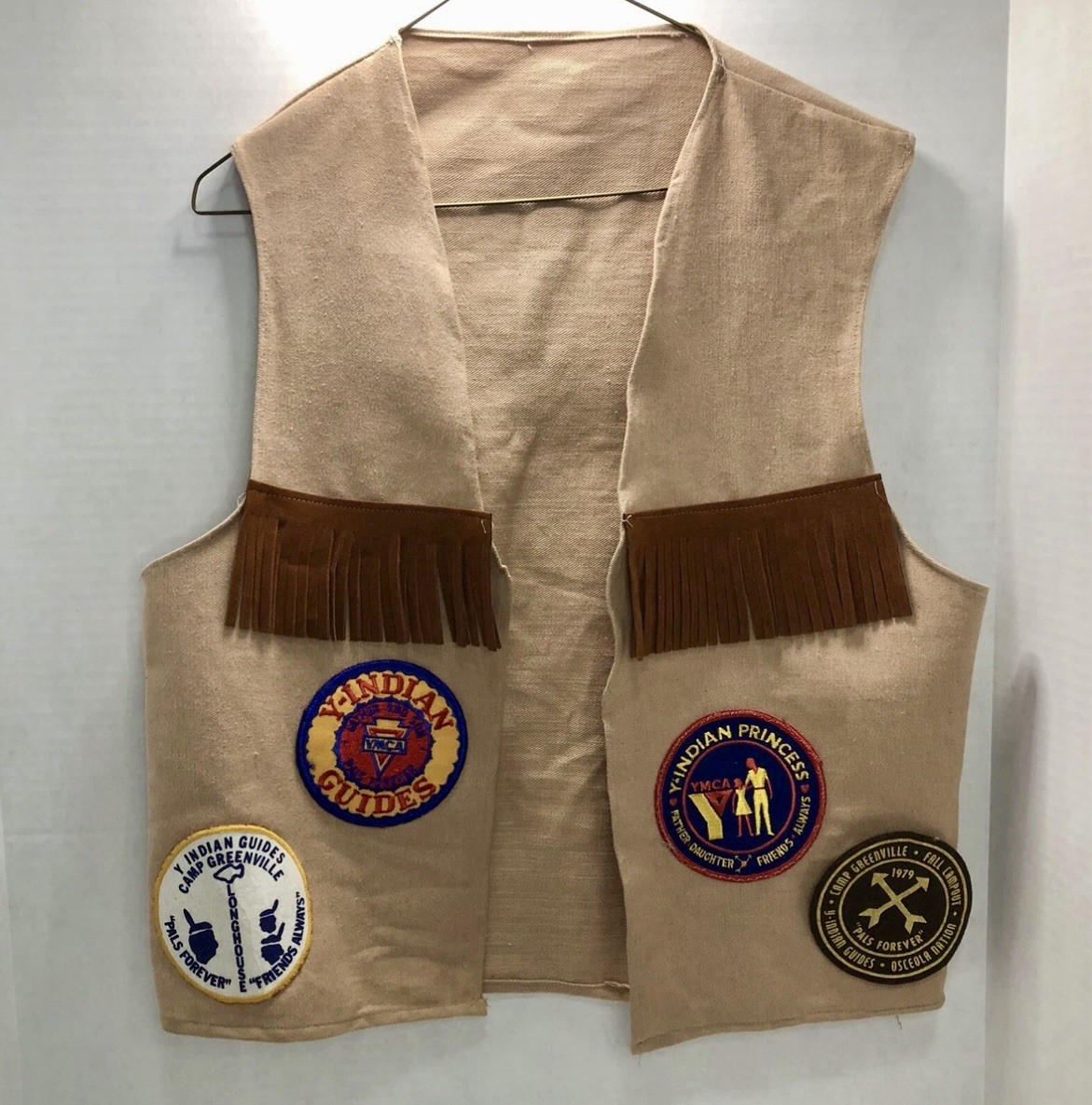 VTG YMCA Y-Indian Guides Vest w/ Camp Patches Suede Tassels 1970s Greenville SC