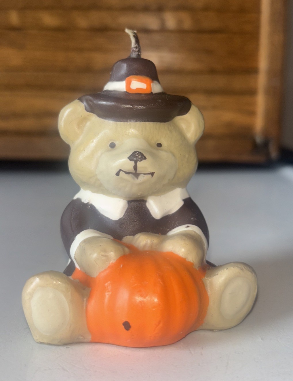 Vintage Thanksgiving Pilgrim Bear Candle W/Pumpkin