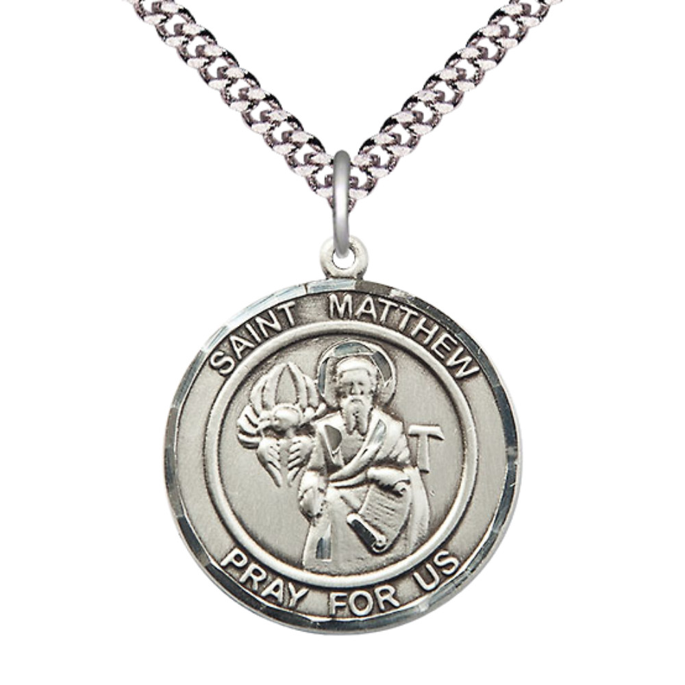 Pewter Saint Matthew the Apostle RoundMedal Pendant Necklace 24\