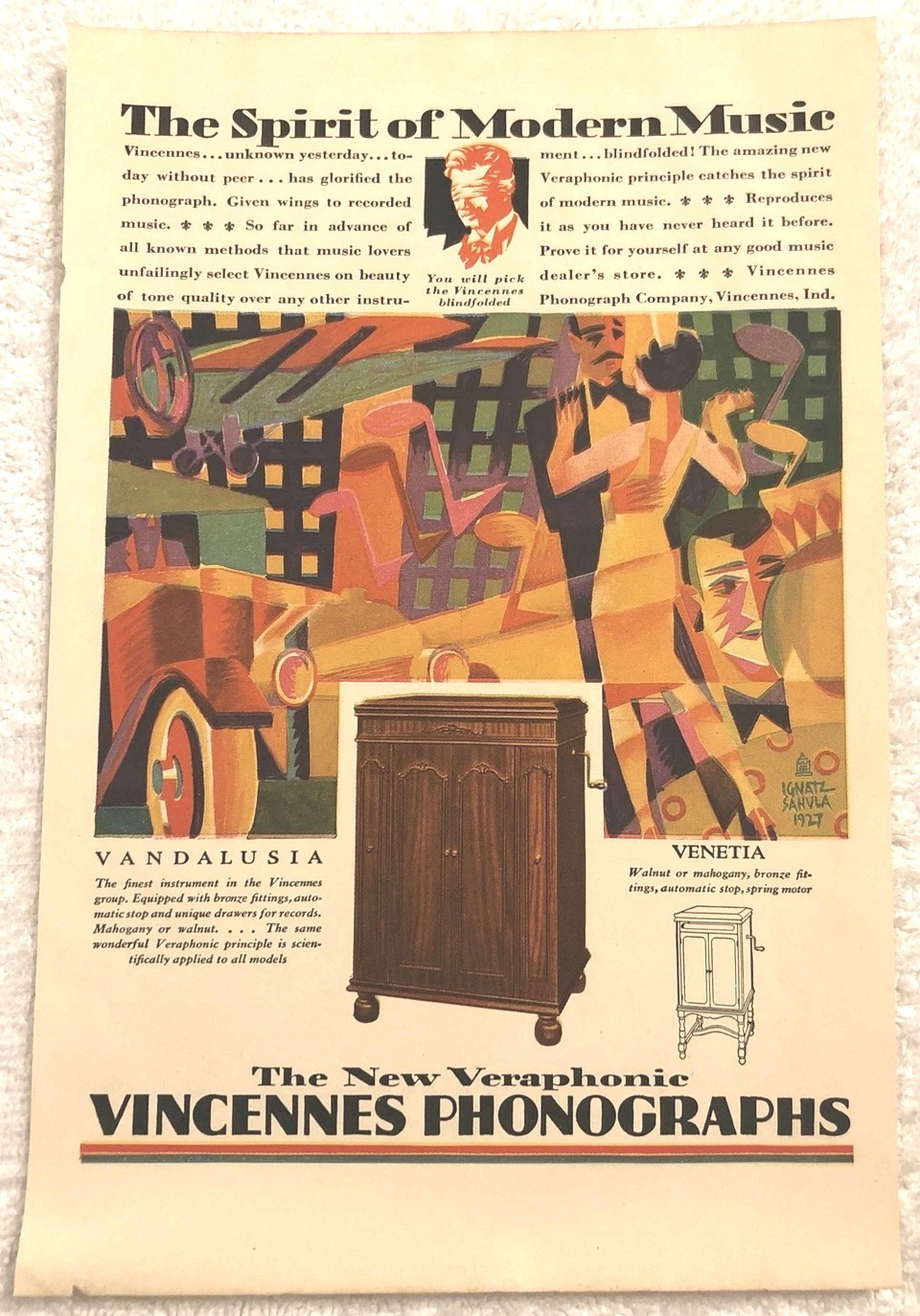 Vintage 1927 Print Advertising- Vincennes Phonographs - Full Page Magazine Ad