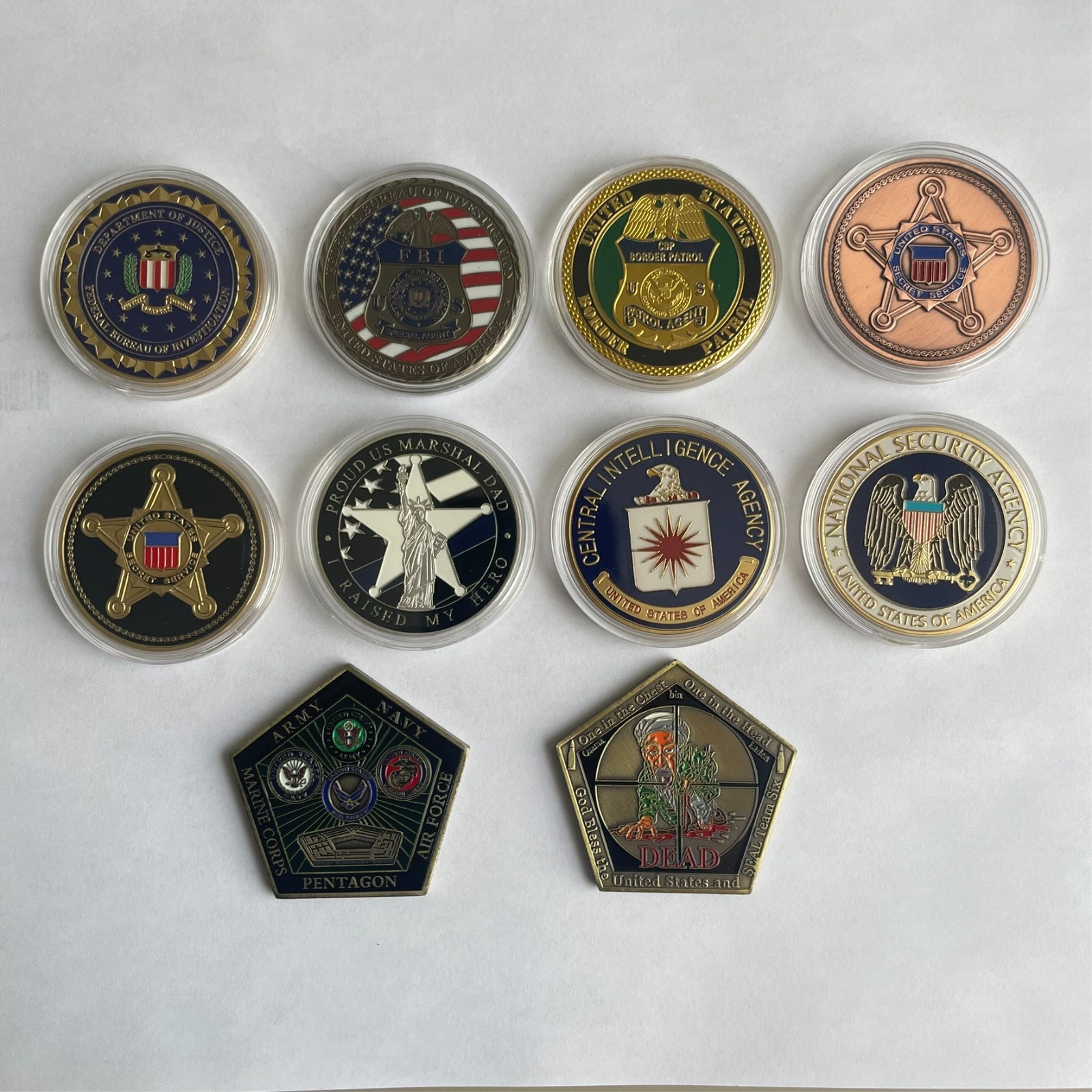 FEDERAL LAW ENFORCEMENT CHALLENGE COIN LOT OF 10 FBI, CIA, NSA, MARSHALS, OSAMA