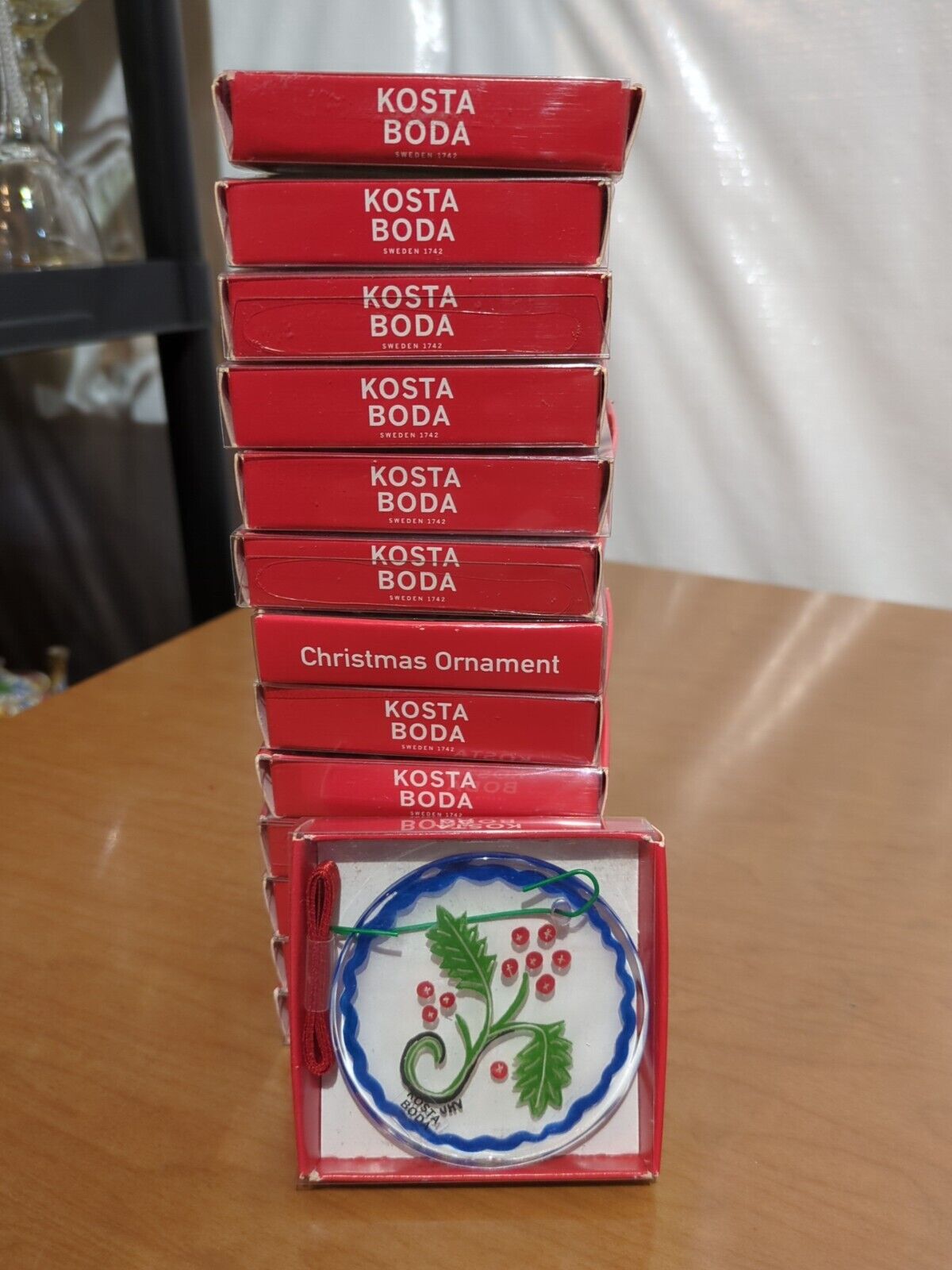 Grouping of 17 Kosta Boda Holly Christmas Tree Ornaments Designed By Vallien