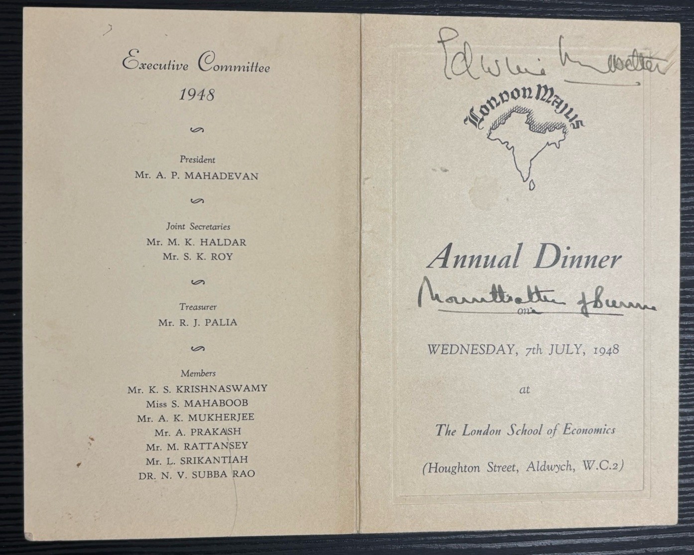 1948 Louis Mountbatten 1st Earl Mountbatten of Burma Signed Menu London Majlis