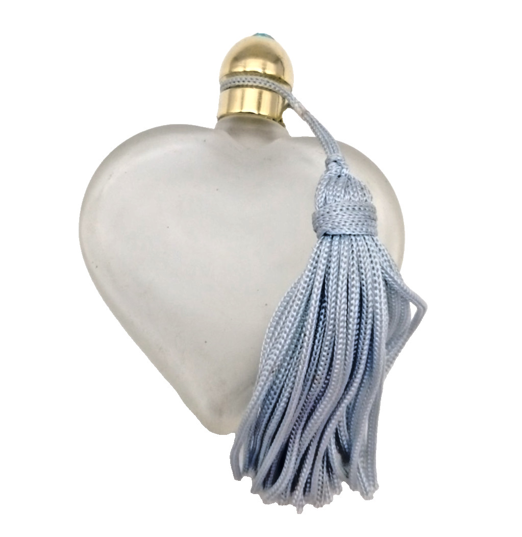 Vintage Frosted Glass Heart Perfume Bottle Blue Tassel Rhinestone Empty Mini