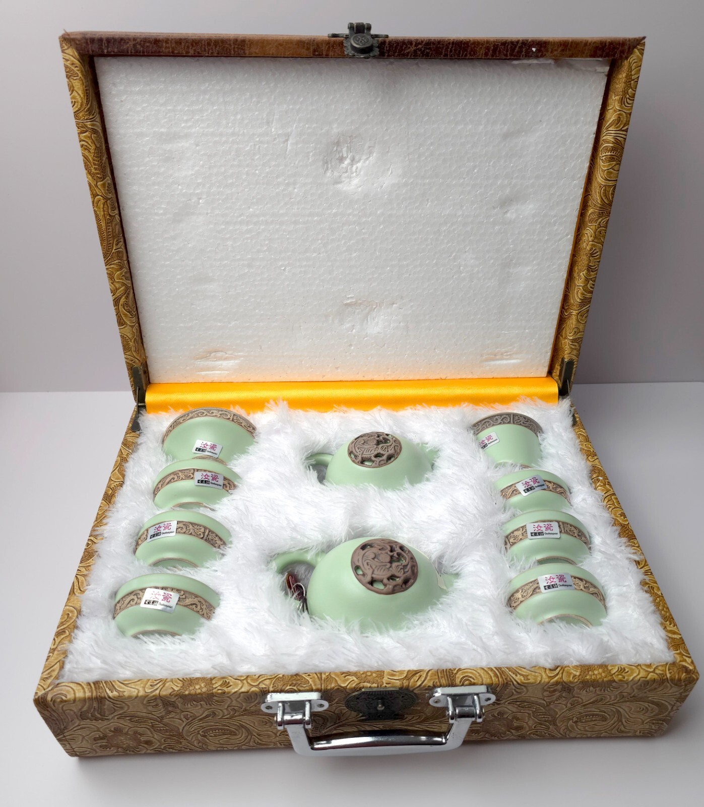 Chinese Ru Porcelain Ten-Piece Tea Ceremony Set Travel Box Green