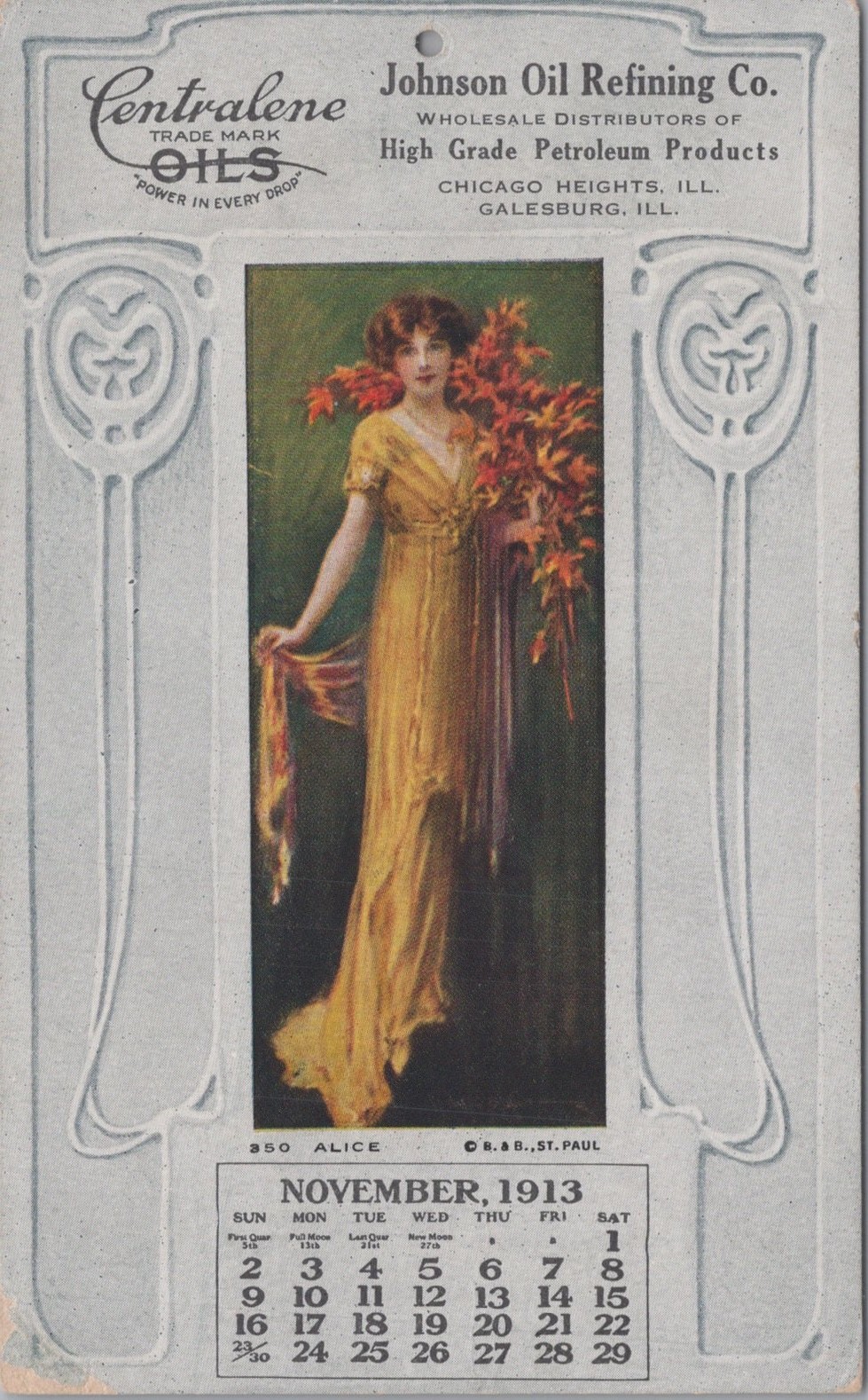 Centralene Johnson Oil Co Chicago Heights Illinois IL Art Calendar 1913 Postcard