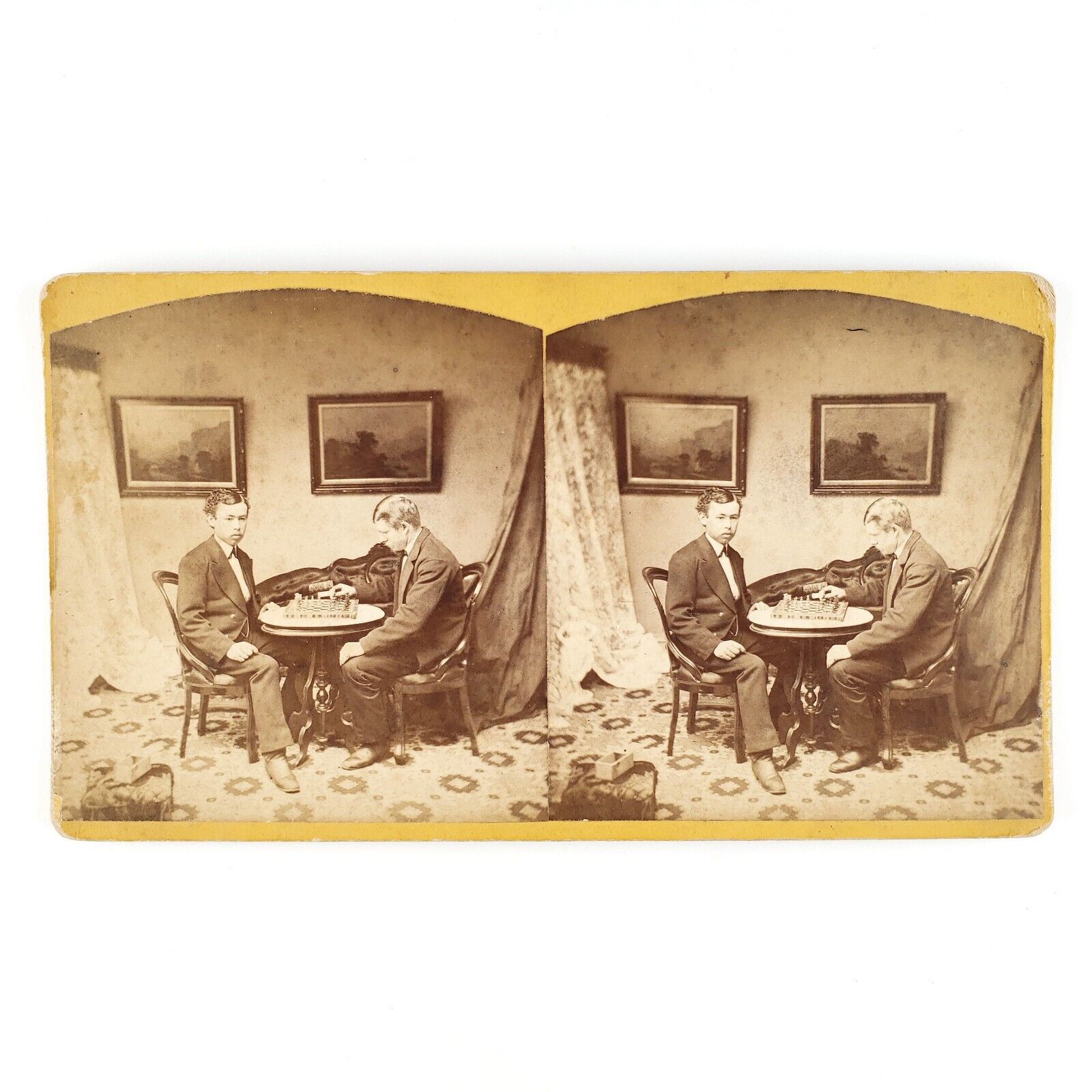 Young Men Playing Chess Stereoview c1877 Antique Game Match Oil Paintings A997
