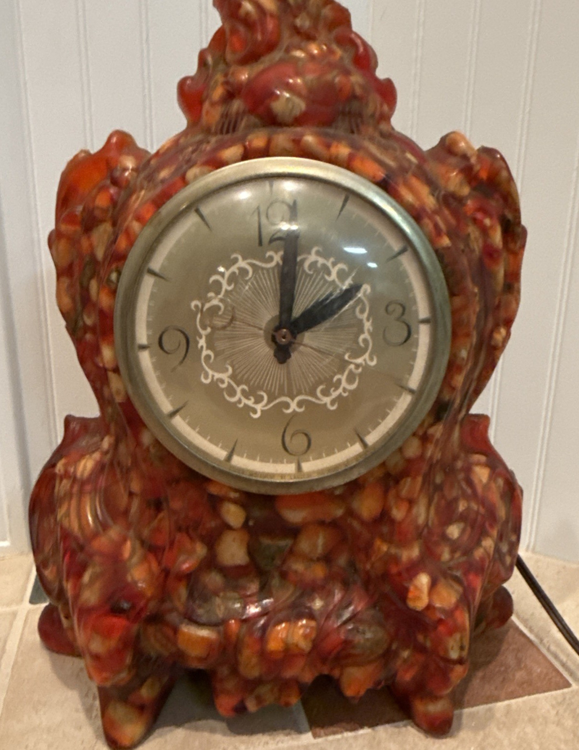 Vintage Lanshire Vomit Clock Embedded Rock Resin Electric Mantel Clock-Working Vintage Lanshire Vomit Clock Embedded Rock Resin Electric Mantel Clock-Working