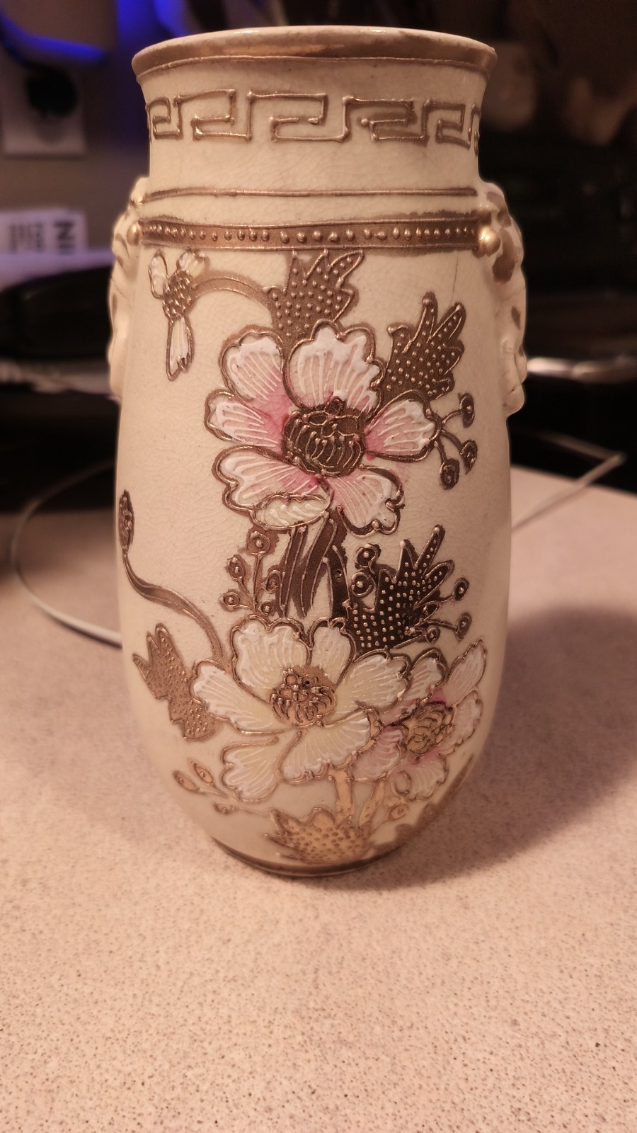 Japanese Satsuma-style porcelain vase hand-painted floral and raised gold enamel