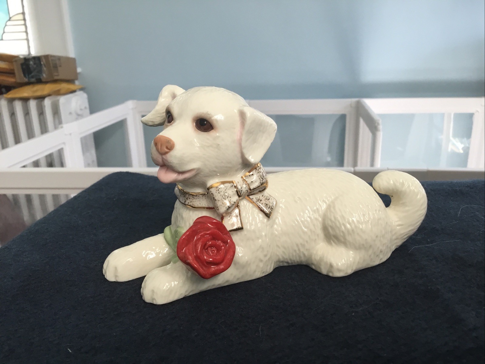 Lenox White Puppy Dog With Rose Gold Trim Collar Bow Figurine - Cute