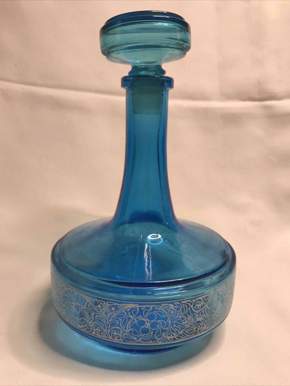 Blue Glass Decanter White Filigree Vintage Made in Belgium