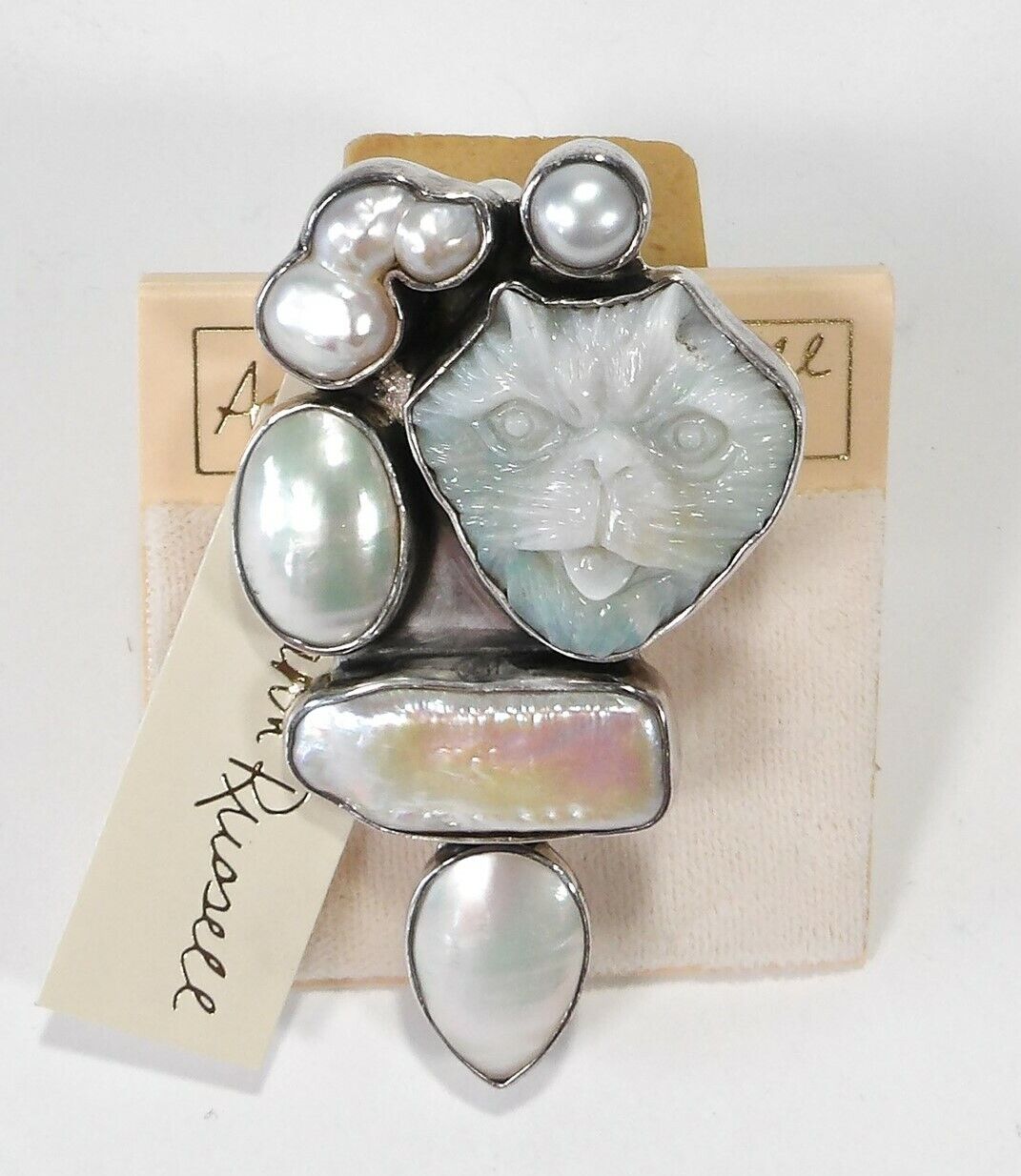 Rare NWT Amy Kahn Russell 925 Carved Opal & Pearl 24.57g Cat Pin Pendant 2.5\