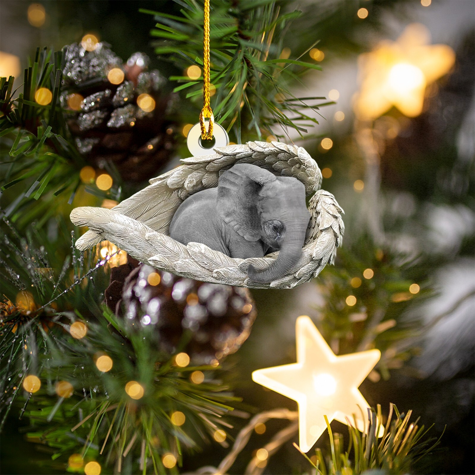 Elephant Sleeping Angel Car Ornament, Elephant Angel Wings Christmas Ornament