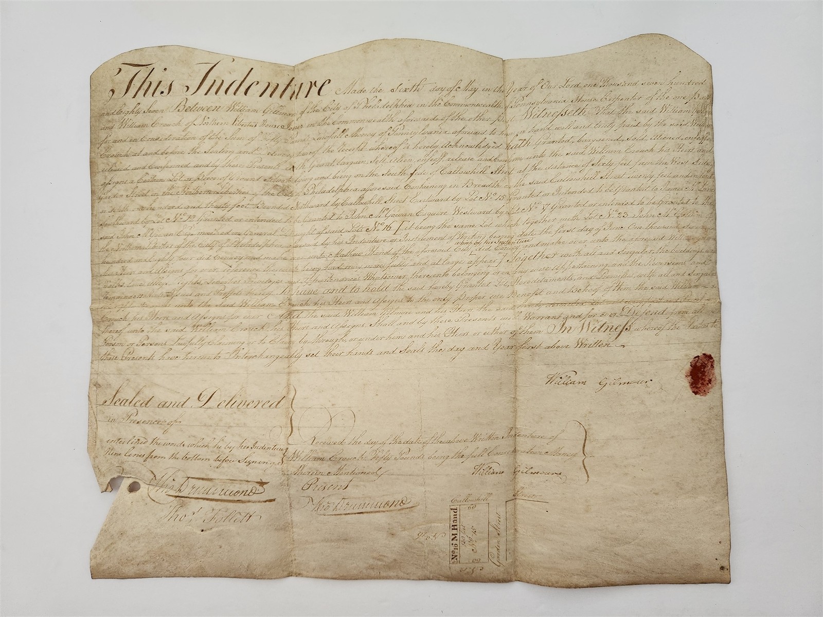 1787 antique DEED INDENTURE philadelphia pa CALLOWHILL ST Wm GILMOUR Wm CROUCH